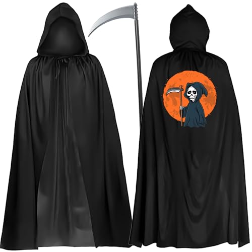 Giggleye Schwarzer Umhang mit Sensenmann-Motiv und Todessense, Herren Damen Kapuzenumhang, Sensenmann umhang für Karneval Halloween Weihnachten Kostümparty (140 cm Umhang, 105 cm Sense) Giggleye Schwarzer Umhang mit Sensenmann-Motiv und Todessense, Herren Damen Kapuzenumhang, Sensenmann umhang für Karneval Halloween Weihnachten Kostümparty (140 cm Umhang, 105 cm Sense) von Giggleye