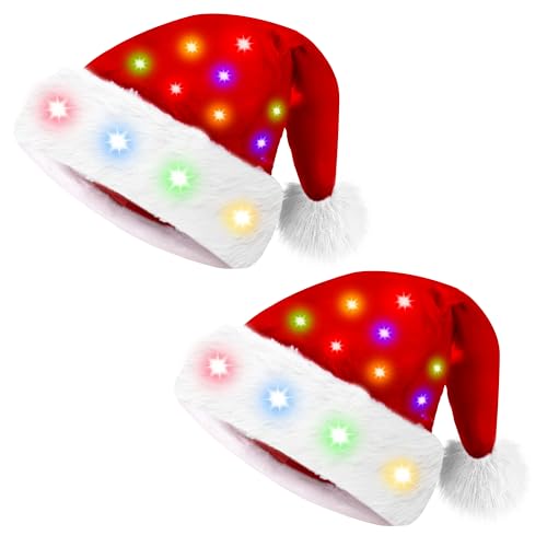 2 Packungen leuchtende Weihnachts-Weihnachtsmützen für Kinder mit Bommeln, warme Strick-Weihnachtsmütze für Kinder, weiche Plüsch-Weihnachtsmützen mit bunten Lichtern für Mädchen und Jungen 2 Packungen leuchtende Weihnachts-Weihnachtsmützen für Kinder mit Bommeln, warme Strick-Weihnachtsmütze für Kinder, weiche Plüsch-Weihnachtsmützen mit bunten Lichtern für Mädchen und Jungen von Giggling Getup