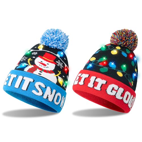 Giggling Getup 2 Stück beleuchtete Unisex-Weihnachtsmütze mit Bommeln, Schneemann-Mützen, Weihnachtsmützen für Erwachsene und Kinder, warme Strickmützen für Weihnachtsgeschenke Giggling Getup 2 Stück beleuchtete Unisex-Weihnachtsmütze mit Bommeln, Schneemann-Mützen, Weihnachtsmützen für Erwachsene und Kinder, warme Strickmützen für Weihnachtsgeschenke von Giggling Getup