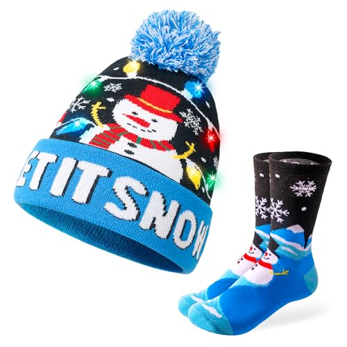 Giggling Getup Weihnachtsmütze für Erwachsene, leuchtende Weihnachts-Schneemann-Mütze mit Crew-Socken für Frauen, warme Strickmütze für Weihnachtsgeschenke Giggling Getup Weihnachtsmütze für Erwachsene, leuchtende Weihnachts-Schneemann-Mütze mit Crew-Socken für Frauen, warme Strickmütze für Weihnachtsgeschenke von Giggling Getup