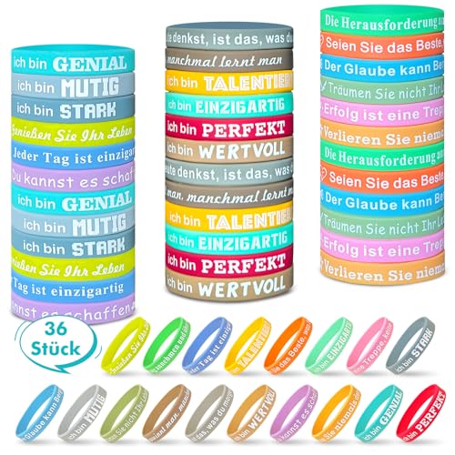 Gigmeta 36 Stück Motivationsarmbänder auf Deutsch, 20,5 cm Inspirierende Silikon Armbänder mit 18 Stile Positiven Sprüchen, Motivierendes Silikonarmband Mitgebsel Geschenke für Kinder Kollegen von Gigmeta