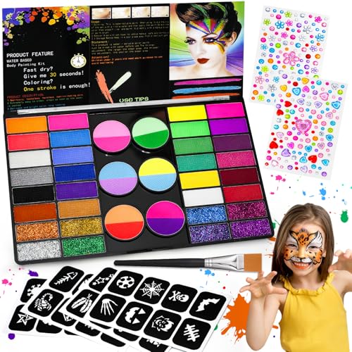 Gigmeta Kinderschminke Set - 44 Gesichtsfarben Kinderschminken Set inkl. professionellen Pinsel, 4 Schablonen, 2 Diamant-Sticker - Ideal für Halloween, Theater & Bodypainting von Gigmeta