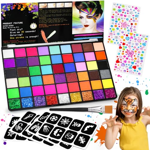 Gigmeta Kinderschminke Set - 54 Gesichtsfarben Kinderschminken Set inkl. professionellen Pinsel, 4 Schablonen, 2 Diamant-Sticker - Ideal für Halloween, Theater & Bodypainting von Gigmeta