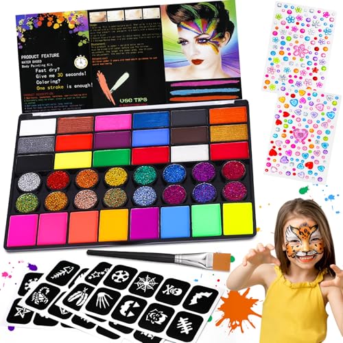 Gigmeta Kinderschminke Set, 42 Farben Waschbar Face Paint Bodypaint Schminkset, Körperfarbe Kinder inkl. professionellen Pinsel, 4 Schablonen, 2 Diamant Sticker für Halloween Karneval Make up Fasching von Gigmeta