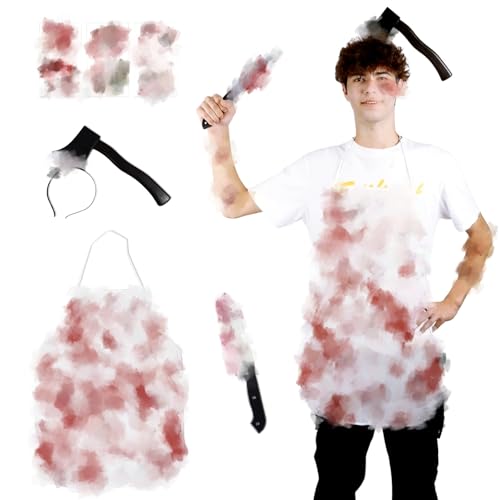 Gigquake B Butcher Halloween-Kostüme für Männer und Frauen, Halloween-Kostüme für Erwachsene, gruseliges Cosplay, gefälschtes Messer, Axt, Stirnband, blutige Schürze, Tattoo-Aufkleber von Gigquake