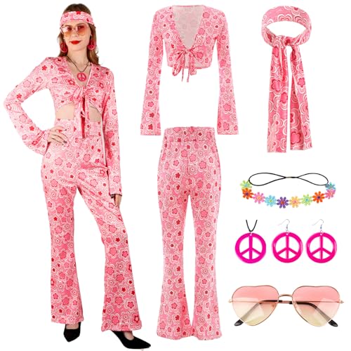 Gigquake Hippie Kostüm Damen Set, Hippie Kleidung Zubehör 60er 70er Jahre Outfit Frau Faschingskostüme Hippie Bekleidung Oberteil Accessoires, 70er Schlaghose für Karneval Mottoparty Disco Cosplay Gigquake Hippie Kostüm Damen Set, Hippie Kleidung Zubehör 60er 70er Jahre Outfit Frau Faschingskostüme Hippie Bekleidung Oberteil Accessoires, 70er Schlaghose für Karneval Mottoparty Disco Cosplay von Gigquake