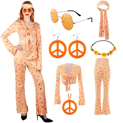 Gigquake Hippie Kostüm Damen Set, Hippie Kleidung Zubehör 60er 70er Jahre Outfit Frau Faschingskostüme Hippie Bekleidung Oberteil Accessoires, 70er Schlaghose für Karneval Mottoparty Disco Cosplay Gigquake Hippie Kostüm Damen Set, Hippie Kleidung Zubehör 60er 70er Jahre Outfit Frau Faschingskostüme Hippie Bekleidung Oberteil Accessoires, 70er Schlaghose für Karneval Mottoparty Disco Cosplay von Gigquake