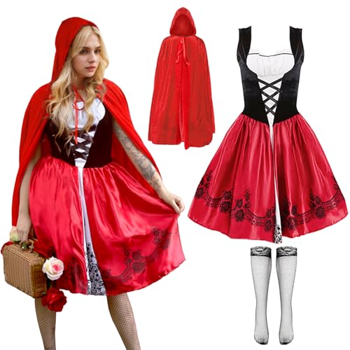 Damen Rotkäppchen Kostüm Umhang, Erwachsene Karneval Kostüm Roter Umhang mit Kapuze Spitze Little Red Riding Hood Langes Kleid Outfit für Fasching Cosplay Themenparty Festlich Partykleid Bekleidung Damen Rotkäppchen Kostüm Umhang, Erwachsene Karneval Kostüm Roter Umhang mit Kapuze Spitze Little Red Riding Hood Langes Kleid Outfit für Fasching Cosplay Themenparty Festlich Partykleid Bekleidung von Gigquake