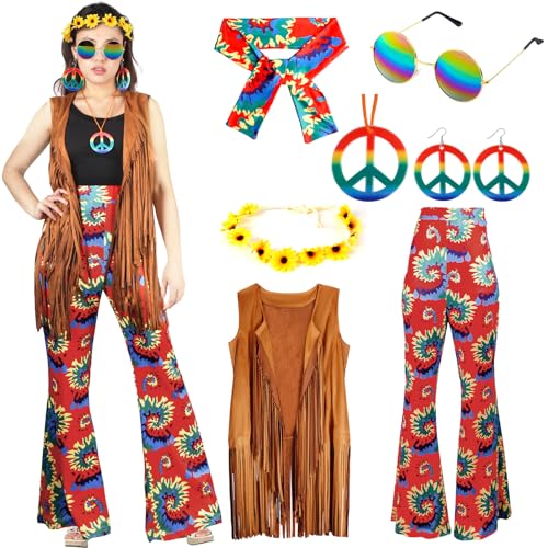 Hippie Kostüm Damen Retro Set- 60er 70er Hippie Accessoires Fransenweste Schlaghose Damen Bekleidung Damen Disco Outfit Kleidung Frau Brille Halskette Regenbogen Faschingskostüm Karneval Kostümparty Hippie Kostüm Damen Retro Set- 60er 70er Hippie Accessoires Fransenweste Schlaghose Damen Bekleidung Damen Disco Outfit Kleidung Frau Brille Halskette Regenbogen Faschingskostüm Karneval Kostümparty von Gigquake