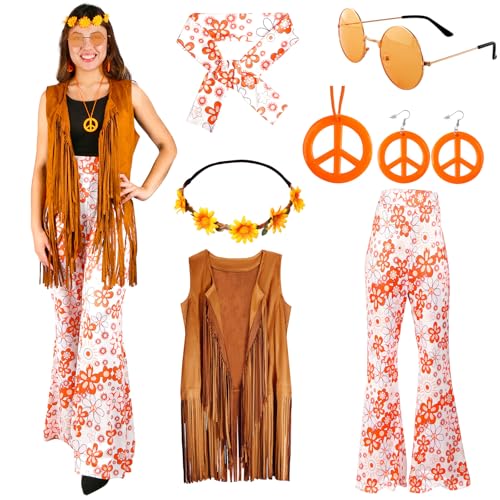 Hippie Kostüm Damen Retro Set-60er 70er Hippie Accessoires Fransenweste Schlaghose Damen Orange Bekleidung Damen Disco Outfit Hippie Kleidung Frau Brille Halskette Faschingskostüm Karneval Kostüm XXL Hippie Kostüm Damen Retro Set-60er 70er Hippie Accessoires Fransenweste Schlaghose Damen Orange Bekleidung Damen Disco Outfit Hippie Kleidung Frau Brille Halskette Faschingskostüm Karneval Kostüm XXL von Gigquake