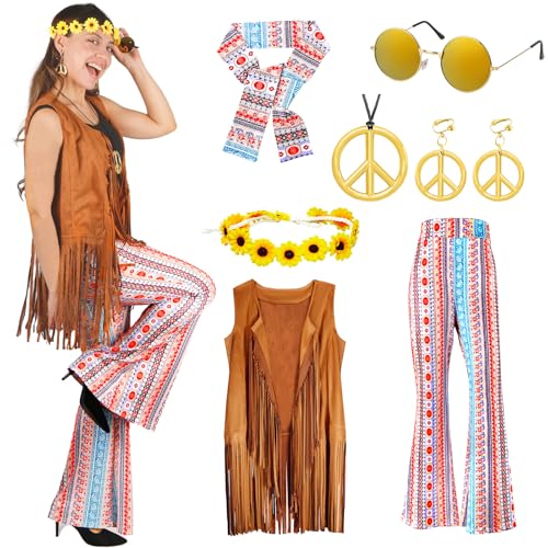 Hippie Kostüm Damen Retro Set-Fransenweste Schlaghose Damen 60er 70er Hippie Accessoires Bekleidung Damen Disco Outfit Kleidung Frau Brille Halskette Faschingskostüm Gestreifte Karneval Kostümparty-XL Hippie Kostüm Damen Retro Set-Fransenweste Schlaghose Damen 60er 70er Hippie Accessoires Bekleidung Damen Disco Outfit Kleidung Frau Brille Halskette Faschingskostüm Gestreifte Karneval Kostümparty-XL von Gigquake