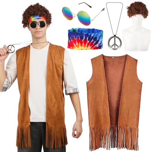 Hippie Kostüm Herren Set- 60er 70er Jahre Outfit Herren Kleidung Hippie Accessoires Bekleidung mit Hippie Weste Brille Peace Kette Perücke Stirnband, Disco Fransenweste Boho Faschingskostüme Karneval Hippie Kostüm Herren Set- 60er 70er Jahre Outfit Herren Kleidung Hippie Accessoires Bekleidung mit Hippie Weste Brille Peace Kette Perücke Stirnband, Disco Fransenweste Boho Faschingskostüme Karneval von Gigquake