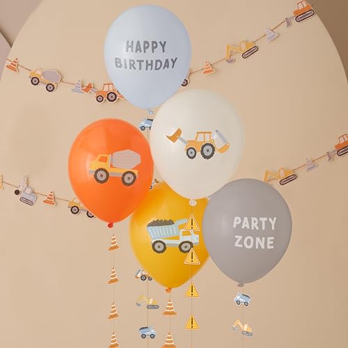 Geburtstag Luftballons Bundle, Bauthema - 5 bedruckte Luftballons mit Schwänzen, Traktor, Bagger, Partyzone, Warnschild von Ginger Ray