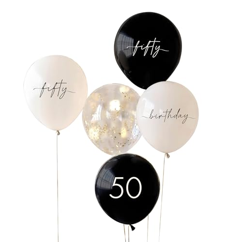 Party-Luftballons zum 50. Geburtstag, Schwarz, Nude, Creme und Champagner, goldfarben von Ginger Ray