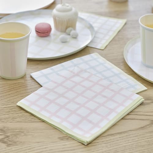 Ginger Ray Oster-Gingham-Pastellblau- und Rosa-Papier-Party-Mittagessen-Servietten-Geschirr, 16er-Pack von Ginger Ray