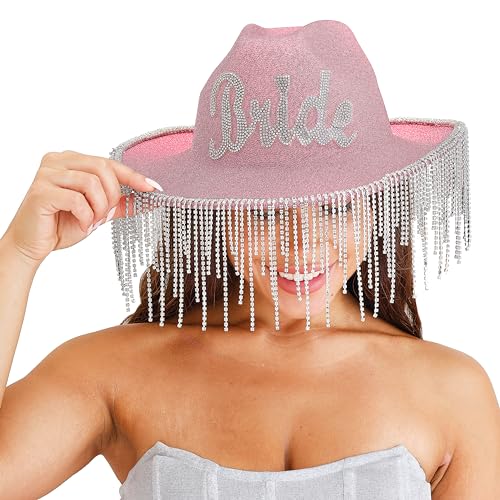 Ginger Ray Verzierter, mit Diamanten besetzter Cowboyhut „Braut“, rosa glitzernd, mit Quastenrand, tragbar für den Junggesellinnenabschied von Ginger Ray