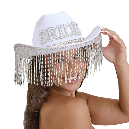 Ginger RayVerzierter weißer Cowboyhut „Braut“ mit Kunstperlen und Quastenrand zum Tragen für den Junggesellinnenabschied von Ginger Ray