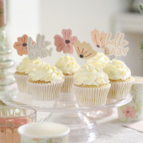 Ginger Ray Geblümte „Hello Baby“- und Blumen-Cupcake-Topper mit Holzspießchen, 12er-Pack von Ginger Ray