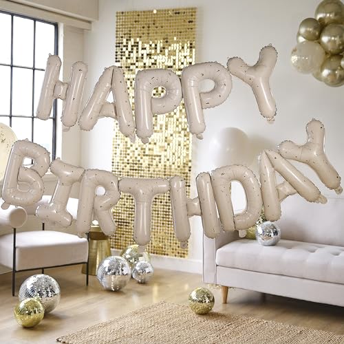 Ginger Ray 'Happy Birthday' Cream with a Gold Fleck Foil Balloons Letter Bunting Party Decorations 3m Twine von Ginger Ray