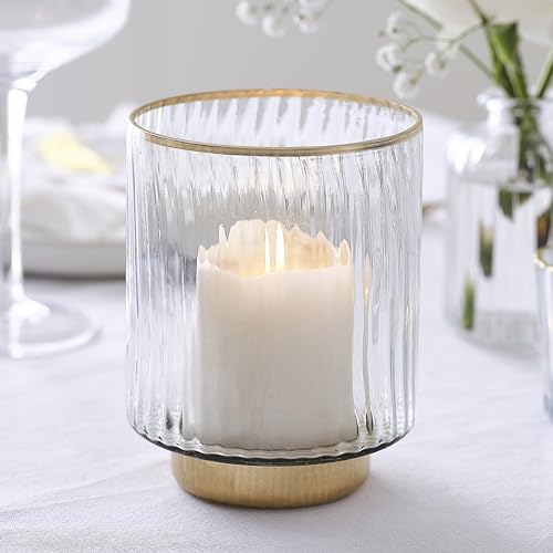 Ginger Ray Ribbed Glass Hurricane Candle Holder with Gold Rim and Base Wedding Table Decoration 10cm x 13cm von Ginger Ray