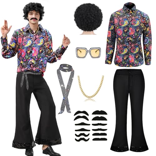 Ginkago 70er Jahre Disco Kostüm Set, 8PCS Hippie Herren Outfit mit Glitzer Schlaghose Hemd 80s Fasching Bekeidung für 50s 60s 70s Cosplay Halloween Party XL Ginkago 70er Jahre Disco Kostüm Set, 8PCS Hippie Herren Outfit mit Glitzer Schlaghose Hemd 80s Fasching Bekeidung für 50s 60s 70s Cosplay Halloween Party XL von Ginkago