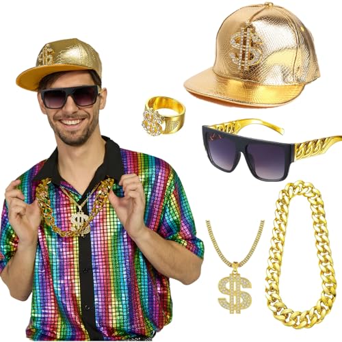 80er 90er Jahre Accessoires 5pcs Hip Hop Rapper Kostüm mit Baseballkappe Sonnenbrille Goldkette Dollar Ring 80er Jahre Outfit für Mottoparty Halloween Karneval Fasching 80er 90er Jahre Accessoires 5pcs Hip Hop Rapper Kostüm mit Baseballkappe Sonnenbrille Goldkette Dollar Ring 80er Jahre Outfit für Mottoparty Halloween Karneval Fasching von Ginkago