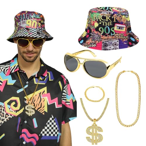 80er 90er Jahre Accessoires 5pcs Hip Hop Rapper Kostüm mit Fischerhüte Sonnenbrille Goldenes Armband Goldkette 80er Jahre Outfit für Mottoparty Halloween Karneval Fasching 80er 90er Jahre Accessoires 5pcs Hip Hop Rapper Kostüm mit Fischerhüte Sonnenbrille Goldenes Armband Goldkette 80er Jahre Outfit für Mottoparty Halloween Karneval Fasching von Ginkago