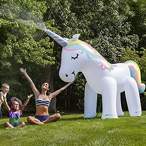 Aufblasbar Einhorn Sprinkler Spielzeug, Kinder Summer Outdoor Wasser Sprinkler Giant Unicorn Garten Wasserspielzeug 180cm von Ginkago