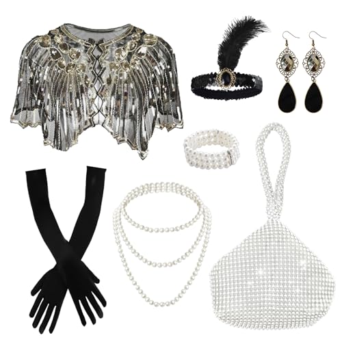 Ginkago 20er Jahre Accessoires Damen 20er Jahre Charleston Kostüm Perfekte für 20er Jahre Kostüm Damen, Karneval, Halloween (Schwarz-7PCS) von Ginkago