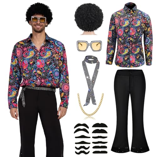 Ginkago 70er Jahre Disco Kostüm Set, 8PCS Hippie Herren Outfit mit Glitzer Schlaghose Hemd 80s Fasching Bekeidung für 50s 60s 70s Cosplay Halloween Party (Farbig, XXL) von Ginkago