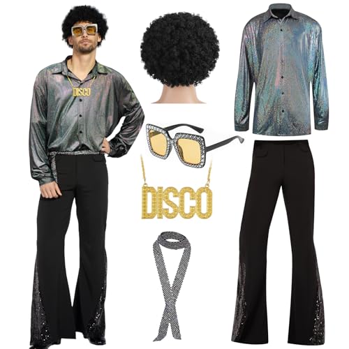 Ginkago 70er Jahre Disco Kostüm Set, Hippie Herren Outfit mit Glitzer Schlaghose Hemd 80s Fasching Bekeidung für 50s 60s 70s Cosplay Halloween Party (Schwarz, XXL) von Ginkago