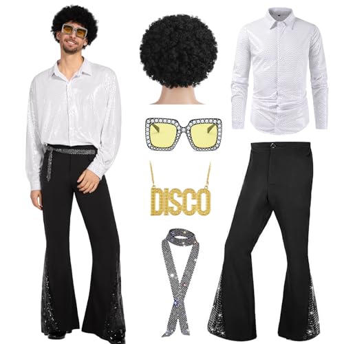 Ginkago 70er Jahre Disco Kostüm Set, Hippie Herren Outfit mit Glitzer Schlaghose Hemd 80s Fasching Bekeidung für 50s 60s 70s Cosplay Halloween Party (Silber, XXL) von Ginkago