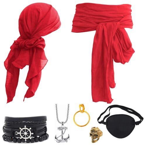 Ginkago Mittelalter Piratenkostüm Zubehör Set Damen Herren Piraten Verkleidung Accessories Kopftuch Augenklappe Ohrringe Halskette Armband Hüfte Tuch für Halloween Cosplay Party (Rot-7PCS) von Ginkago