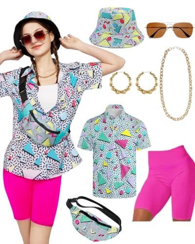 Ginkago 80er 90er Jahre Kostüm Damen 80er Jahre Outfit Set mit Hawaii Shirt 80s Leggings Retro Fischerhüte Gläser Ohrringe Halskette Bauchtasche karneval Party Kostüm (Blau, XXL) von Ginkago