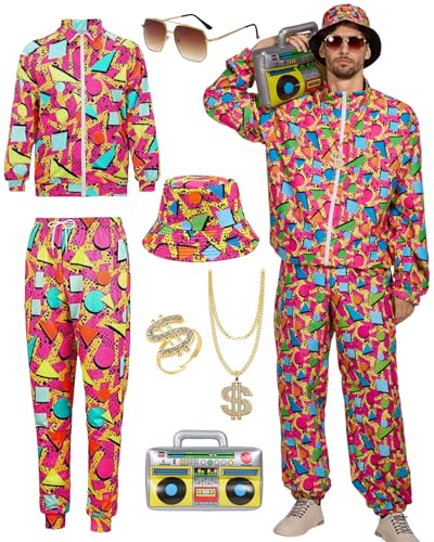 Ginkago 80s 90er Jahre Outfit Herren Retro 80er Kostüm mit Jacke Hose Hut Hip-Hop Halskette Ringe Aufblasbares Radio Disco Brille, Trainingsanzug Kostüm für Mottoparty Karneval (Orange, M) von Ginkago