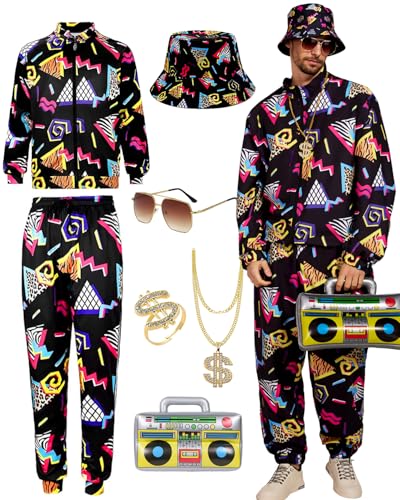 Ginkago 80s 90er Jahre Outfit Herren Retro 80er Kostüm mit Jacke Hose Hut Hip-Hop Halskette Ringe Aufblasbares Radio Disco Brille, Trainingsanzug Kostüm für Mottoparty Karneval (Schwarz, M) von Ginkago
