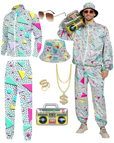 Ginkago 80s 90er Jahre Outfit Herren Retro 80er Kostüm mit Jacke Hose Hut Hip-Hop Halskette Ringe Aufblasbares Radio Disco Brille, Trainingsanzug Kostüm für Mottoparty Karneval (Blau, L) von Ginkago
