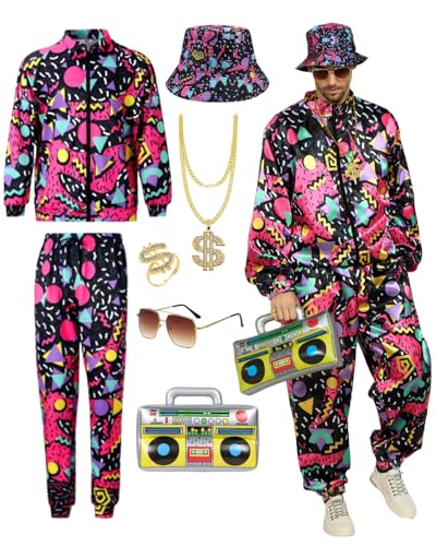 Ginkago 80s 90er Jahre Outfit Herren Retro 80er Kostüm mit Jacke Hose Hut Hip-Hop Halskette Ringe Aufblasbares Radio Disco Brille, Trainingsanzug Kostüm für Mottoparty Karneval (Lila, L) von Ginkago