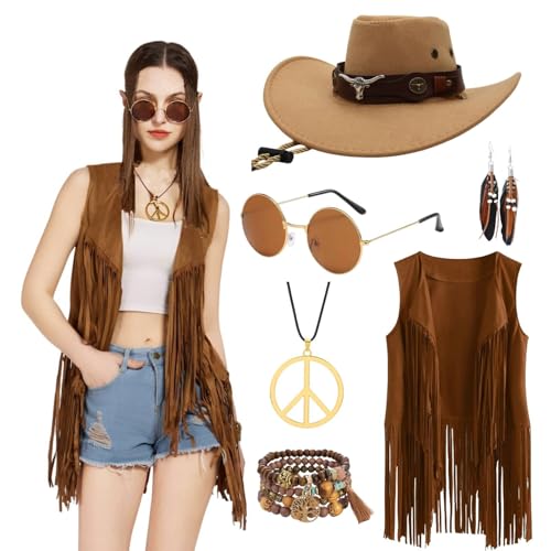 Ginkago Hippie Kostüm Set Cowgirl Western Outfit mit Fransenweste Hippie Ohrringe Brille Boho Armband Halskette Mode 60er 70er Jahre Bekleidung für Karneval Mottoparty Ginkago Hippie Kostüm Set Cowgirl Western Outfit mit Fransenweste Hippie Ohrringe Brille Boho Armband Halskette Mode 60er 70er Jahre Bekleidung für Karneval Mottoparty von Ginkago