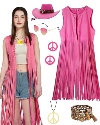 Ginkago Hippie Kostüm Set Cowgirl Western Outfit mit Fransenweste Weste Hippie Ohrringe Brille Armband Halskette Mode 60er 70er jahre bekleidung für karneval Mottoparty (Rosa, M) von Ginkago
