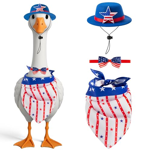 GioXtra Unabhängigkeitstag-Gans-Outfit – 4. Juli Gänsestatue, Outfit, passend für 58,4 cm / 43,2 cm, rot-blauer Sternenhut, Schal, Fliege, patriotisches Kostüm, lustige Kleidung für Zuhause, Garten von GioXtra