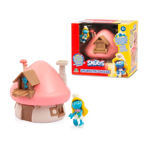 Giochi Preziosi Die Schlümpfe, Smurfette und Haus mit pinkem Dach Spielset mit Zubehör und Aufklebern, enthält Exklusive 5,5 cm große Smurfette-Figur, geeignet ab 3 Jahren von Giochi Preziosi