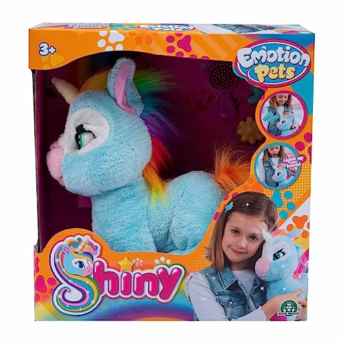 Giochi Preziosi Emotion Pets Shiny Plüschtier Einhorn, Spiele für Kinder 3 Jahre +, interaktives Plüschtier mit Bürste und 2 bunten Verschlüssen, Farbe Hellblau und Regenbogenfarbene Mähne und Schwanz von Giochi Preziosi