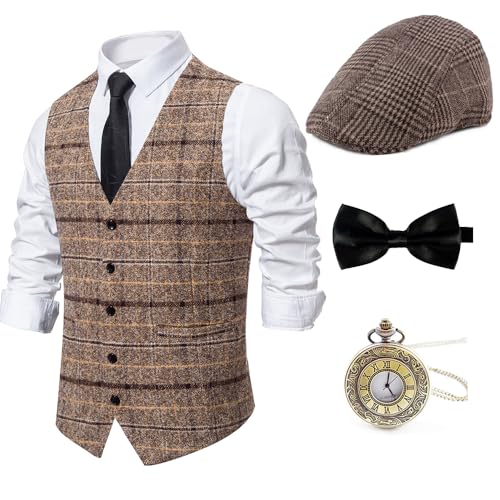 Gionforsy 1920er Herren-Kostüm, Gatsby, Gangster, Weste, Fedora, Hut, Hosenträger, Fliege, Kostümzubehör-Set, Heller Kaffee, M von Gionforsy