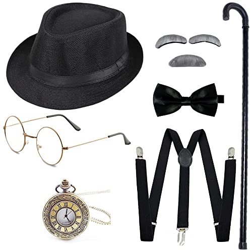 Gionforsy 20er Jahre Herren Kostüm Accessoires Set Gatsby 1920s Mafia Zubehör Set mit Hut Brille Hosenträger Fliege Taschenuhr Stock Bart für Great Gatsby Party Halloween Karneval Fasching (Schwarz) von Gionforsy