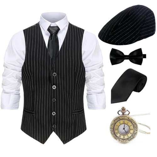 Gionforsy 20er Jahre Herren Weste Kostüm Zubehör Set mit Hut Weste Fliege Krawatte Taschenuhr Gangster Accessoires Set für Great Gatsby Mottoparty Halloween Karneval Fasching (Streifen Schwarz, M) von Gionforsy