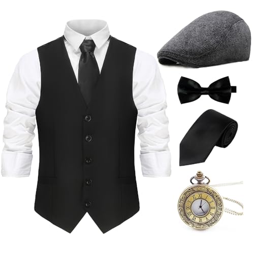 Gionforsy 20er Jahre Herren Weste Kostüm Zubehör Set mit Hut Weste Fliege Krawatte Taschenuhr Gangster Accessoires Set für Great Gatsby Party Halloween Karneval Fasching Mottoshow (Schwarz, M) von Gionforsy