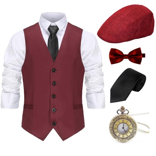 Gionforsy 20er Jahre Herren Weste Kostüm Zubehör Set mit Hut Weste Fliege Krawatte Taschenuhr Gangster Accessoires Set für Great Gatsby Party Halloween Karneval Fasching Mottoshow (Weinrot, S) von Gionforsy