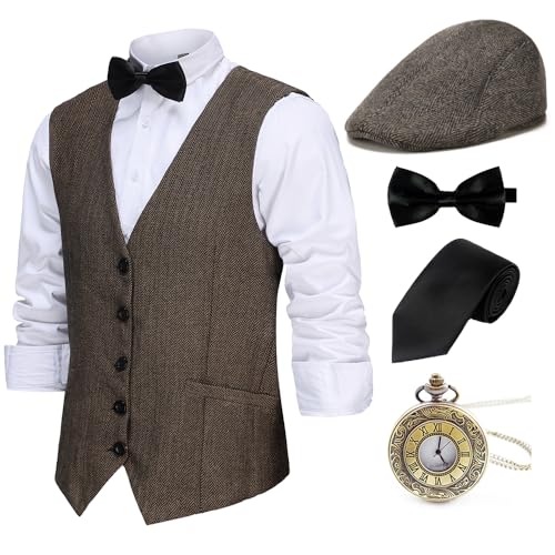 Gionforsy 20er Jahre Herren Wollartige Weste Kostüm Zubehör Set mit Hut Weste Fliege Krawatte Taschenuhr Gangster Accessoires Set für Great Gatsby Motto Party Halloween Karneval Fasching (Kaffee, L) Gionforsy 20er Jahre Herren Wollartige Weste Kostüm Zubehör Set mit Hut Weste Fliege Krawatte Taschenuhr Gangster Accessoires Set für Great Gatsby Motto Party Halloween Karneval Fasching (Kaffee, L) von Gionforsy