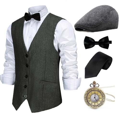 Gionforsy 20er Jahre Herren Wollartige Weste Kostüm Zubehör Set mit Hut Weste Fliege Krawatte Taschenuhr Gangster Accessoires Set für Great Gatsby Motto Party Halloween Karneval Fasching (Schwarz, L) Gionforsy 20er Jahre Herren Wollartige Weste Kostüm Zubehör Set mit Hut Weste Fliege Krawatte Taschenuhr Gangster Accessoires Set für Great Gatsby Motto Party Halloween Karneval Fasching (Schwarz, L) von Gionforsy